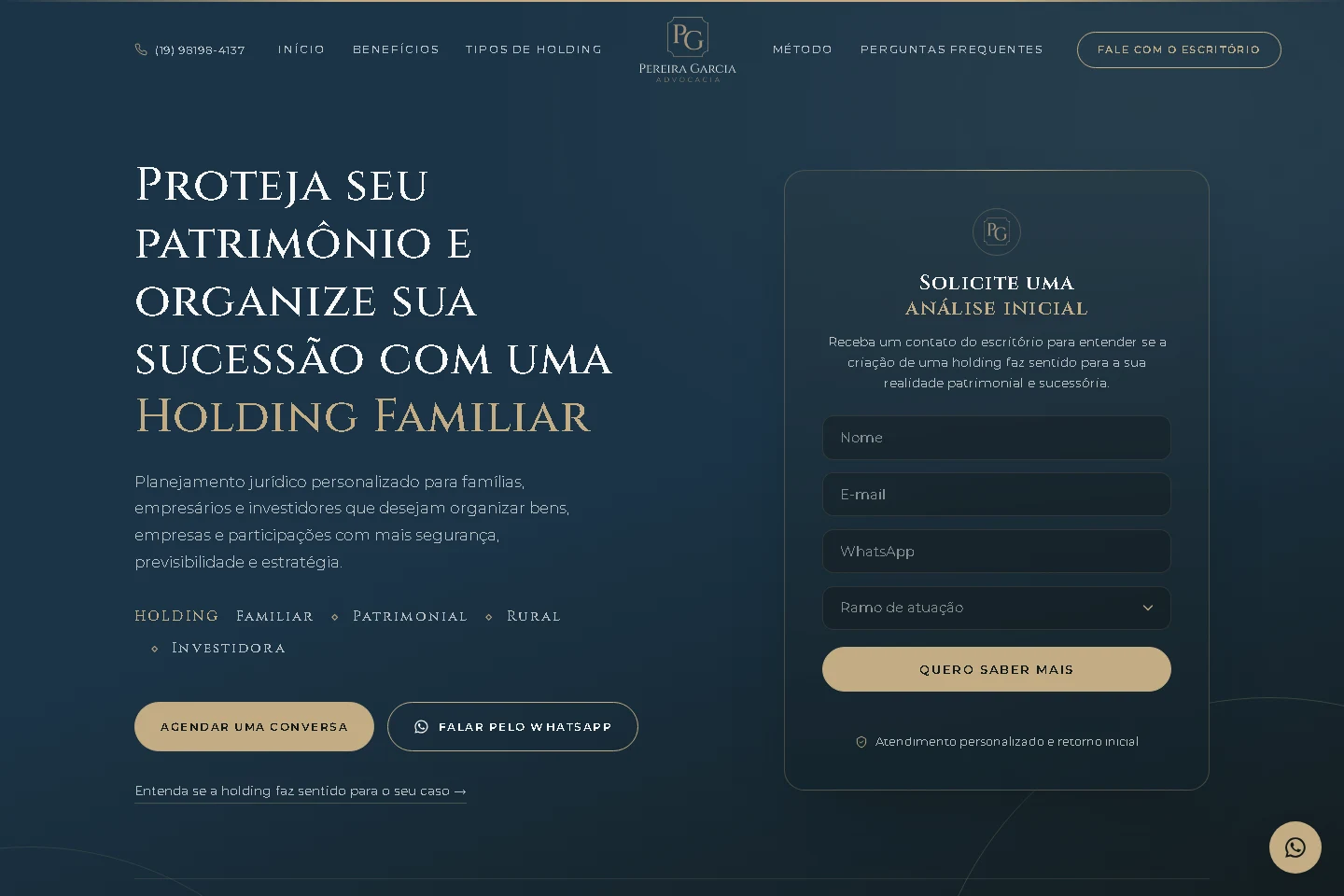 Hero da landing page de Holding Familiar da Pereira Garcia, com proposta de valor e formulário de análise inicial